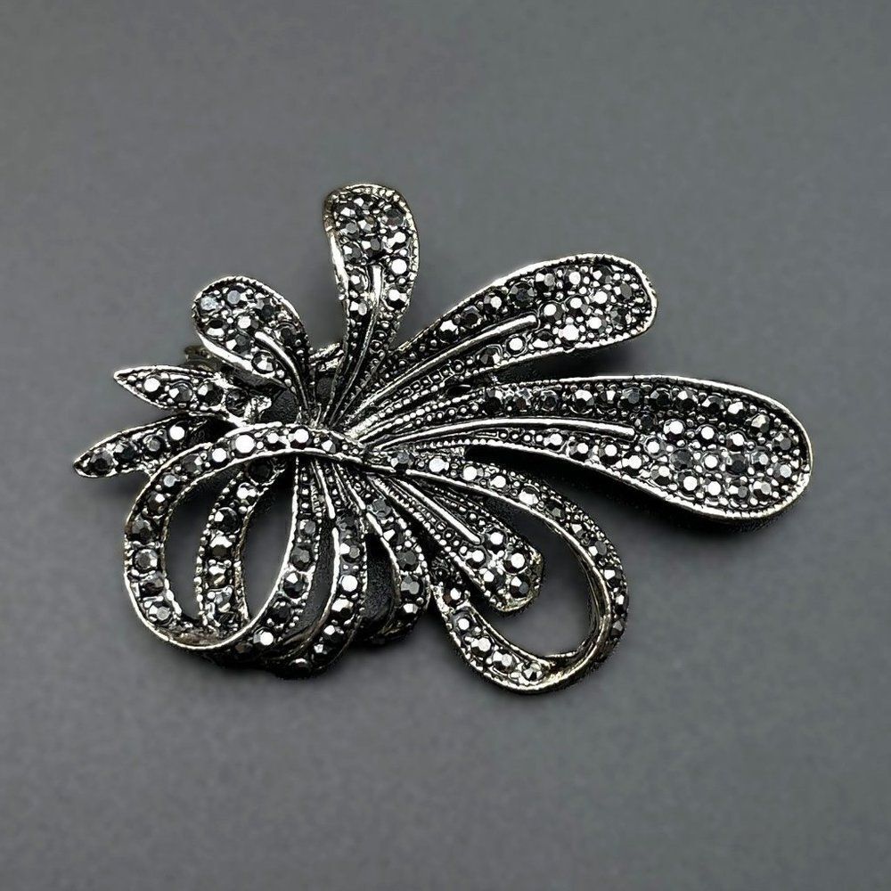 Silver with Dark Gray Crystal Floral Flower Ribbon Pin Back Brooch